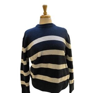 Zara Navy & White Striped Crewneck Knit Sweater Nautical Preppy Coastal L